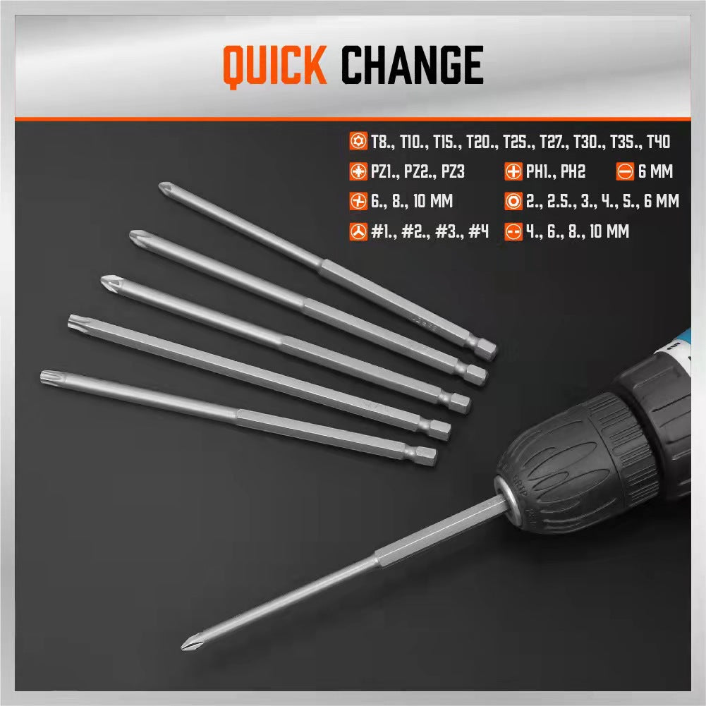 Set of screwdriver bits with a drill on a black background, featuring 'Quick Change' text.
