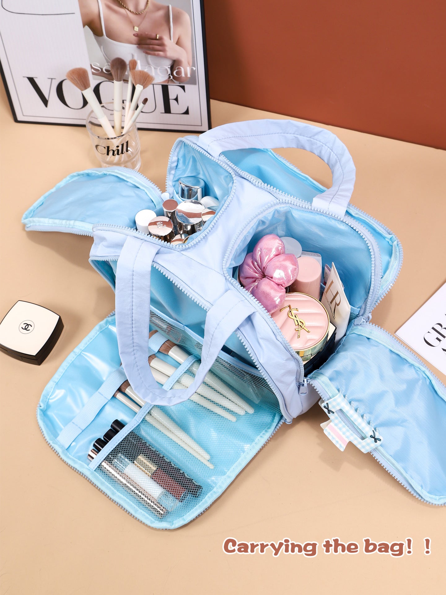 Portable Multi-Compartment Travel Toiletry & Makeup Organizer Bag with Brush Holders(Pink)