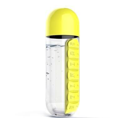 BPA Free Water Bottle 600ml with 7 - Day Pill Organizer - Yellow - Factory Direct Shop