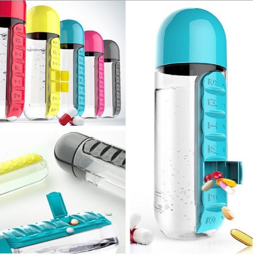 2pc 2 - in - 1 Water Bottle with 7 - Day Pill Organizer - 600ml BPA - Free, Portable & Leakproof(Blue) - Factory Direct Shop