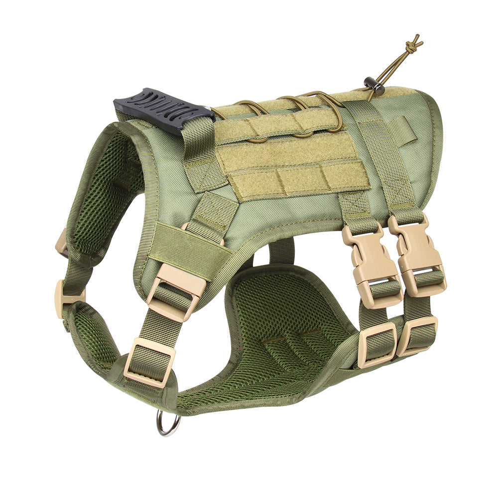 Green tactical dog harness with beige accents on a white background