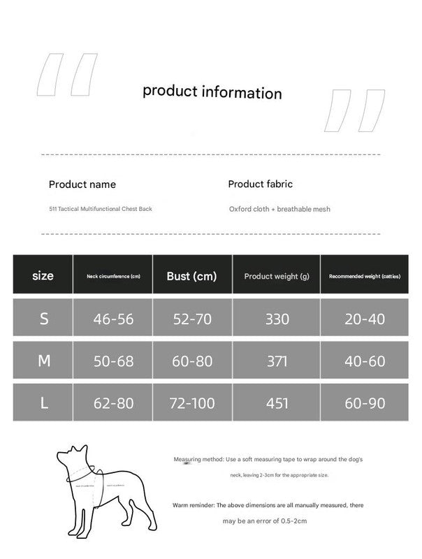 Product information sheet for a dog harness with size chart and fabric details.