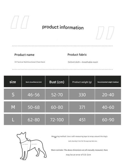 Product information sheet for a dog harness with size chart and fabric details.