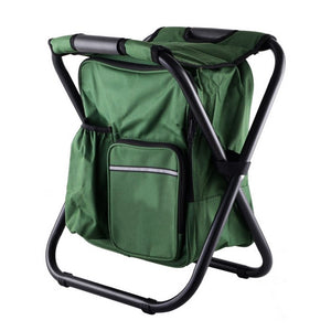 A green insulated cooler backpack chair with a foldable stool structure and external storage pockets, featuring a black frame and a comfortable carry handle.
