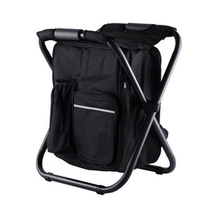 A black insulated cooler backpack chair with a foldable stool design, featuring multiple pockets and a soft sponge handle.