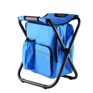 A blue insulated cooler backpack chair with a foldable stool structure and external storage pockets, featuring a black frame and a comfortable carry handle.