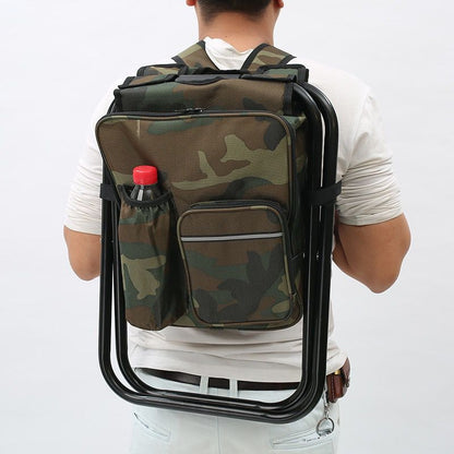 A person wearing a camouflage insulated cooler backpack chair with foldable stool features. The backpack is camouflaged, and there are external pockets with zippers and a drawstring.