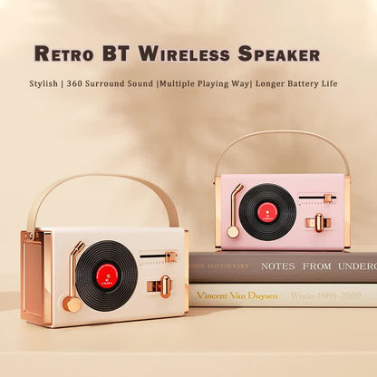 Beige Retro Record Player Style Bluetooth Speaker - Portable Wireless Turntable Design Audio