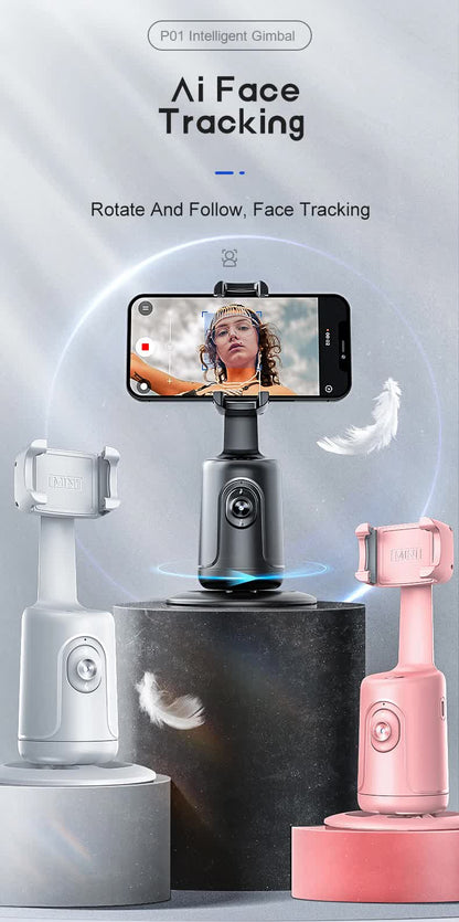 Black AI Smart Auto Tracking Phone Holder - 360° Rotation Face & Body Tracking Mount