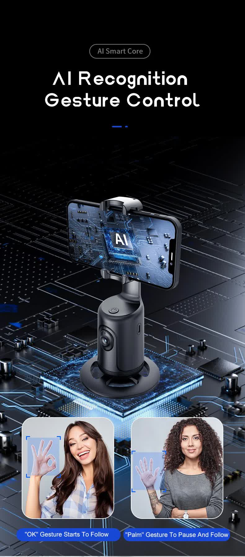 White AI Smart Auto Tracking Phone Holder - 360° Rotation Face & Body Tracking Mount