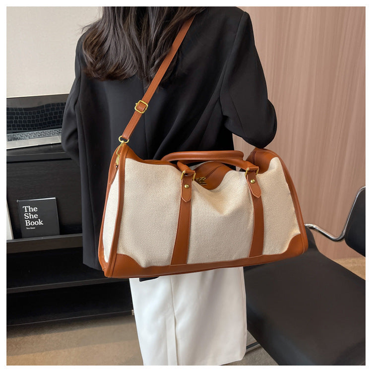 Brown Contrast Color Women's Travel Bag - Canvas & PU Leather Trim Luggage (43x27x19cm)