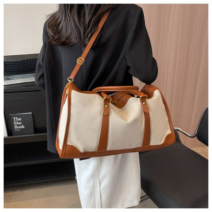 Brown Contrast Color Women's Travel Bag - Canvas & PU Leather Trim Luggage (43x27x19cm)