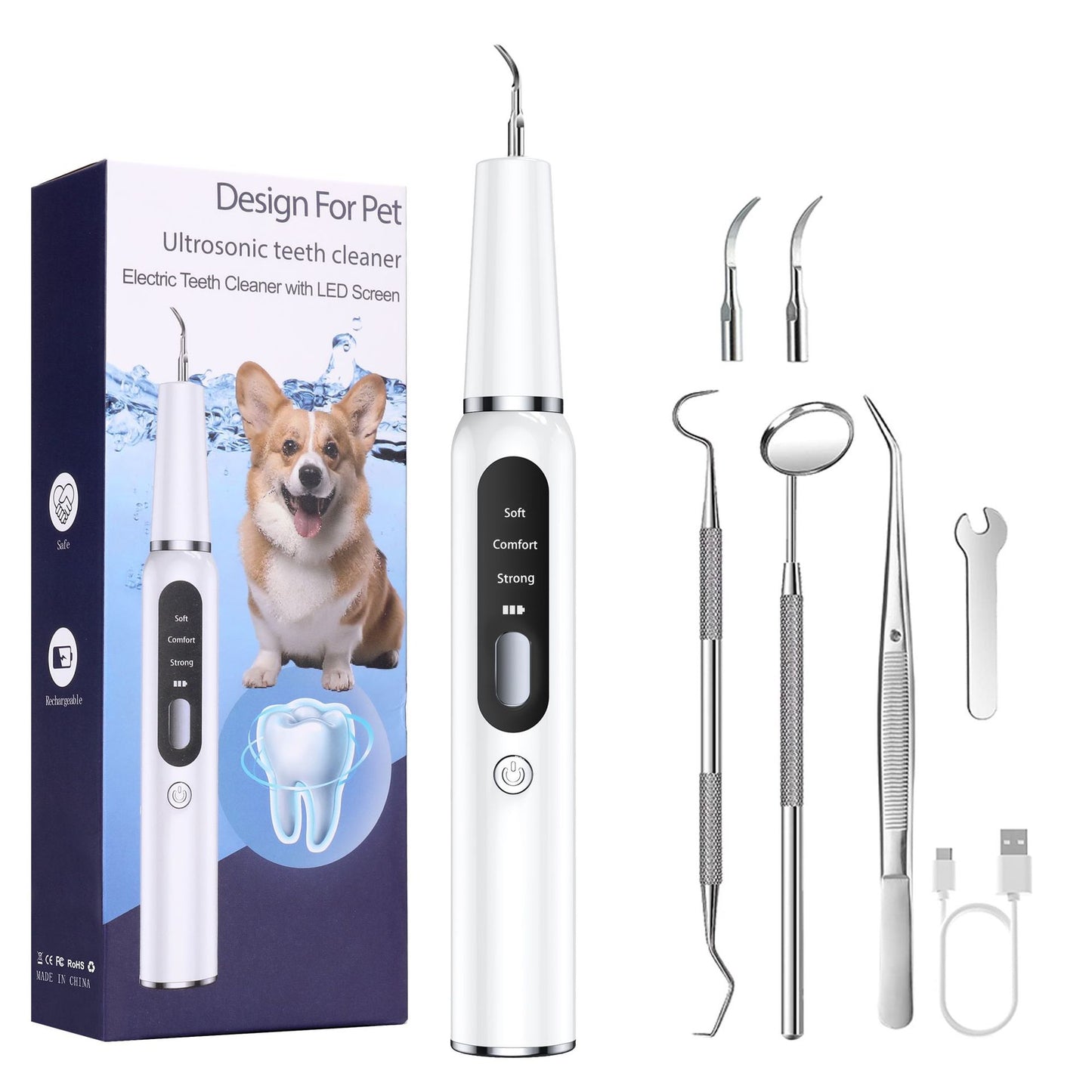 White Professional Pet Dental Cleaning Kit - Ultrasonic Scaler, Tools & 3 Modes - Factory Direct Shop