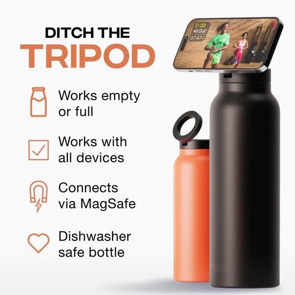 Stainless Steel Sports Water Bottle Insulated with Magnetic Phone Stand - Black 710ml - Factory Direct Shop