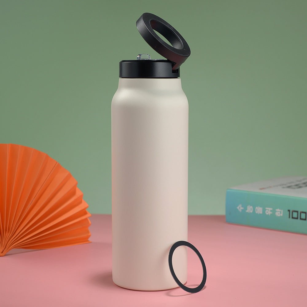 Stainless Steel Sports Water Bottle Insulated with Magnetic Phone Stand - Beige 710ml - Factory Direct Shop