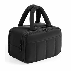 Black Puffy Travel Wash Bag with Wide-Mouth Access and Wet-Dry Pockets