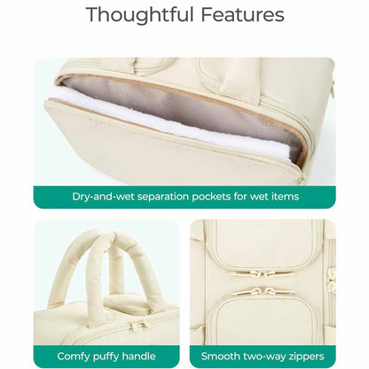 Peach Puffy Travel Wash Bag with Wide-Mouth Access and Wet-Dry Pockets