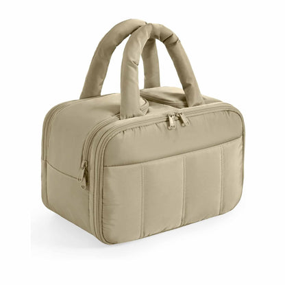Camel Puffy Travel Wash Bag with Wide-Mouth Access and Wet-Dry Pockets