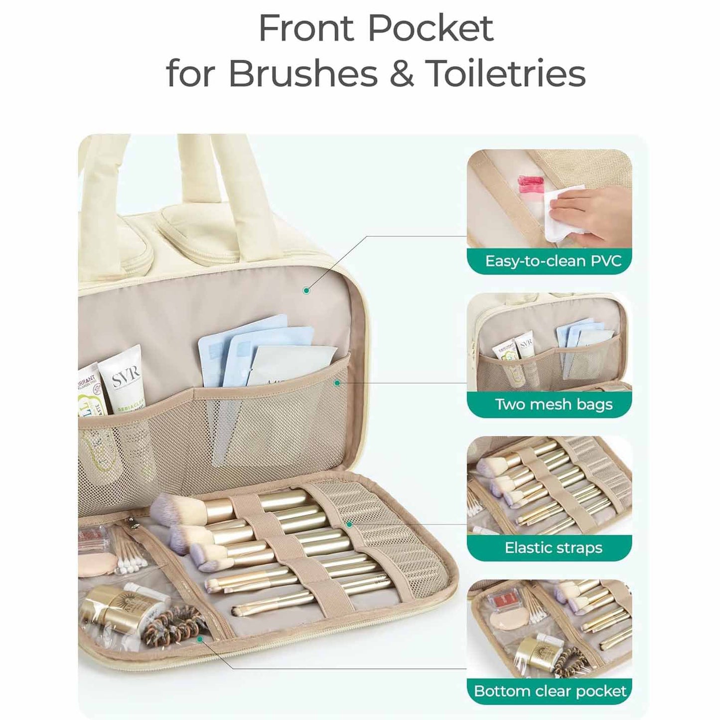 Camel Puffy Travel Wash Bag with Wide-Mouth Access and Wet-Dry Pockets