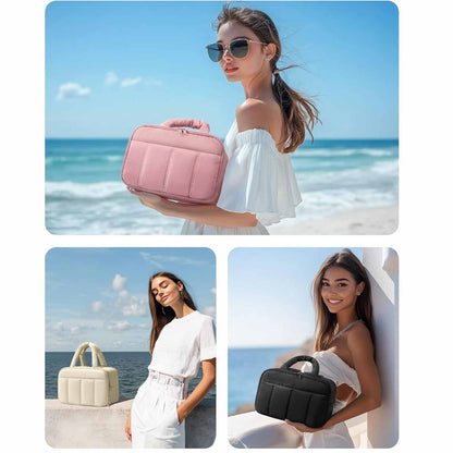 Camel Puffy Travel Wash Bag with Wide-Mouth Access and Wet-Dry Pockets