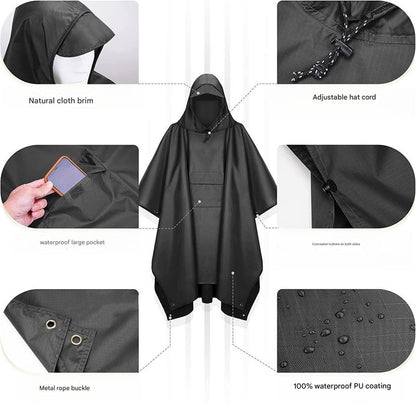 Black Portable Outdoor Camping Poncho - Can be used as Raincoat, Tarp, Ground Cover (Polyester silver coated without pockets)