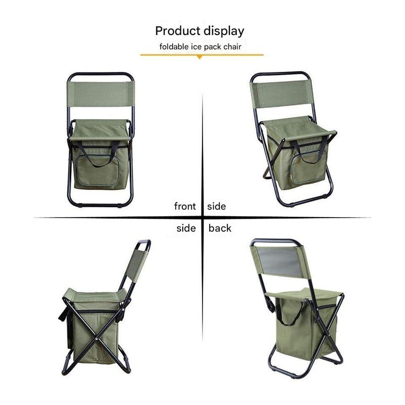 Foldable ice pack chair shown from front, side, and back views on a white background.