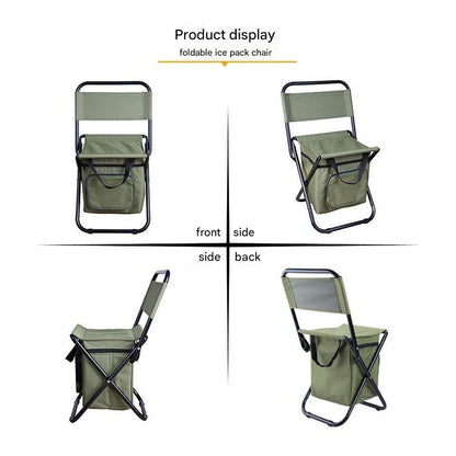 Foldable ice pack chair shown from front, side, and back views on a white background.