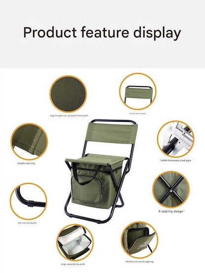 Green folding chair with various features highlighted on a white background
