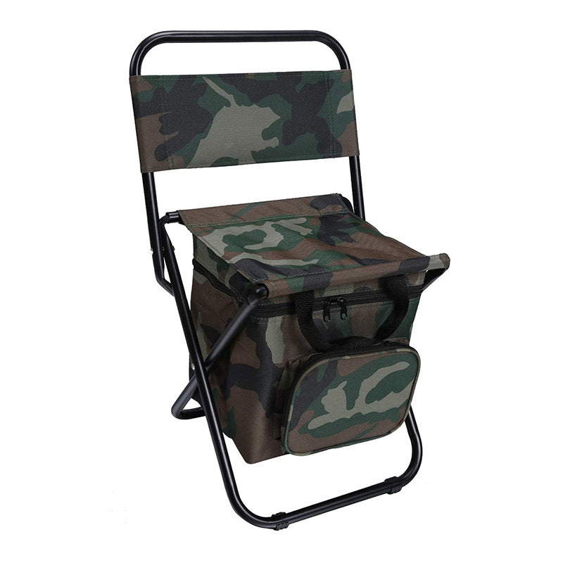 Camouflage folding chair with storage bag on a white background