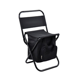 Black folding chair with attached cooler bag on a white background