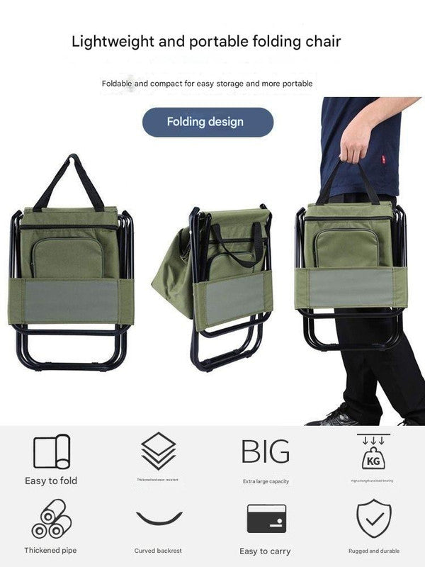 Green folding chair with carrying handles, shown in different views and being carried by a person.