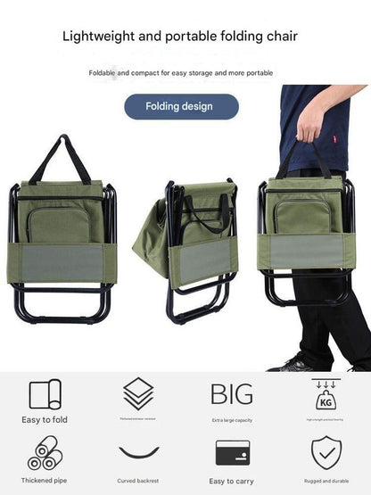 Green folding chair with carrying handles, shown in different views and being carried by a person.