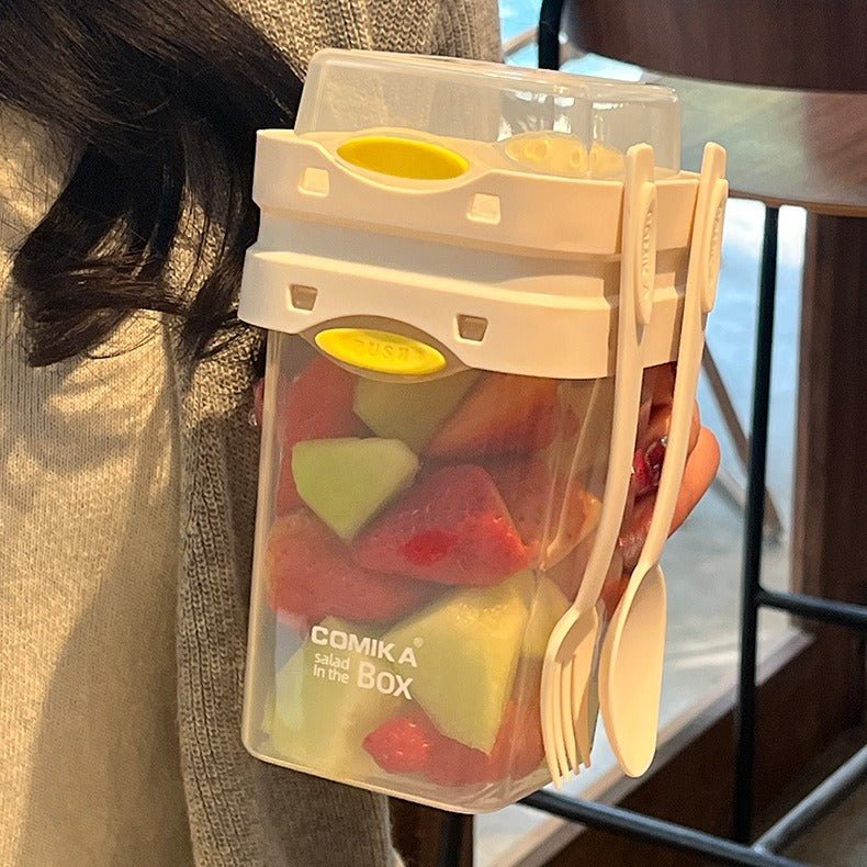 White Portable salad cup with ingredient compartment and fork and spoon - enjoy breakfast on the go - Factory Direct Shop
