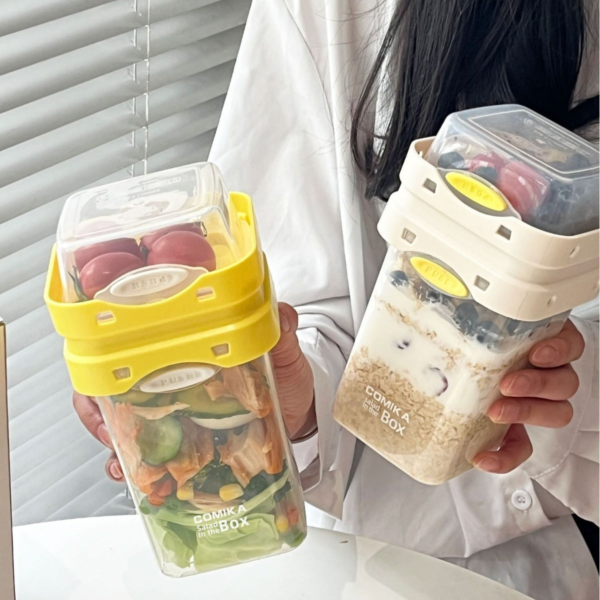 Yellow Portable salad cup with ingredient compartment and fork and spoon - enjoy breakfast on the go - Factory Direct Shop