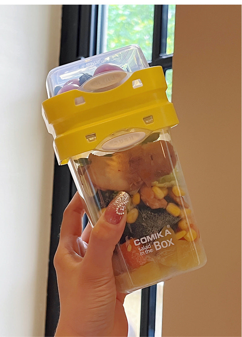 Yellow Portable salad cup with ingredient compartment and fork and spoon - enjoy breakfast on the go - Factory Direct Shop