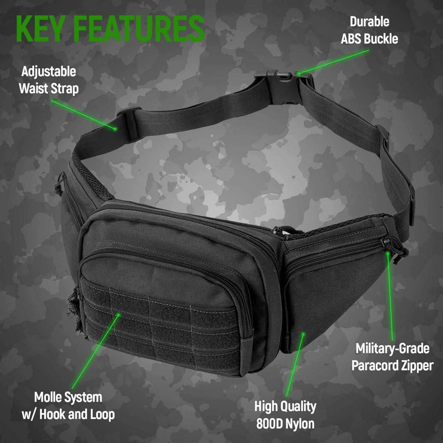 Black Rugged Tactical Waist Pack - MOLLE Outdoor Fanny Bag for Hiking Cycling & Travel