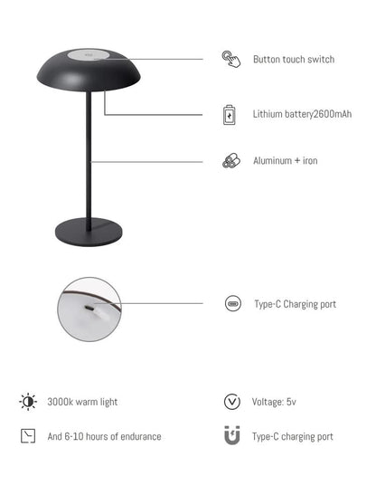 White Minimalist Rechargeable LED Touch Table Lamp - 3-Color Stepless Dimming Metal Desk Light