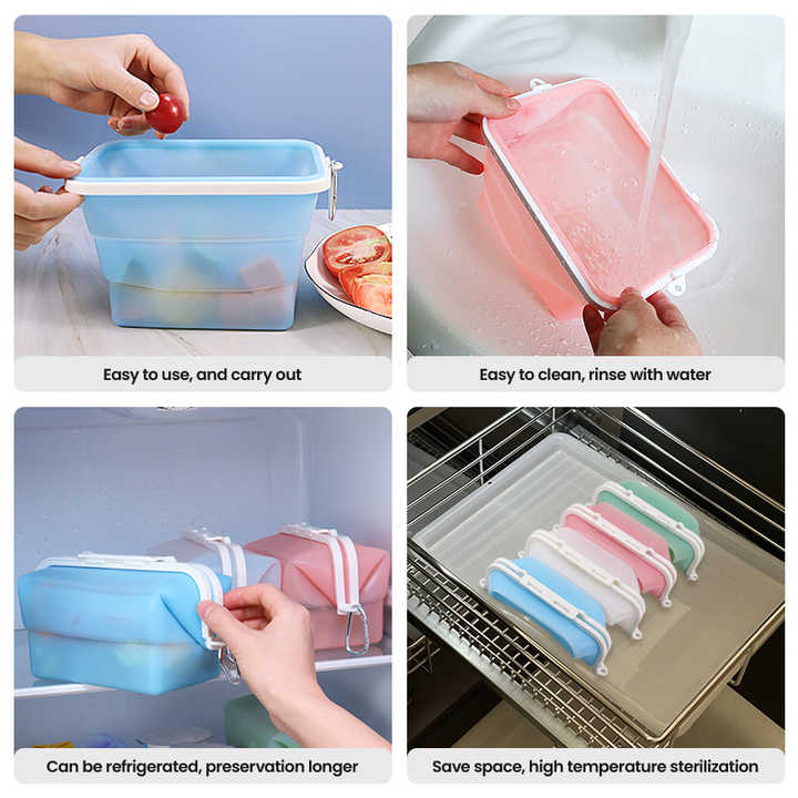 2 Pcs Blue Collapsible Silicone Food Storage Container - Microwave & Freezer Safe Lunch Box