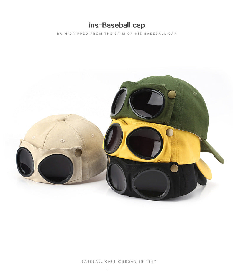 Black Stylish Aviator Goggle Baseball Cap - Unisex Outdoor Cotton Sun Hat