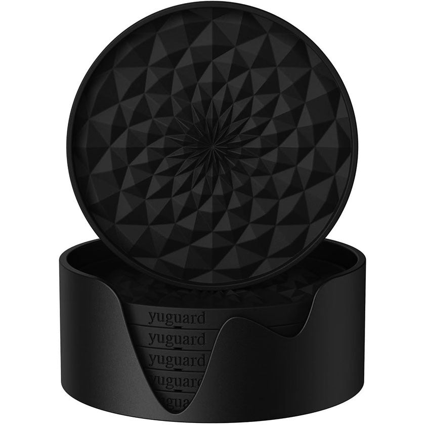 Black Geometric Silicone Drink Coasters Set (6 Pack) with Holder - Non - Slip Table Protectors - Factory Direct Shop
