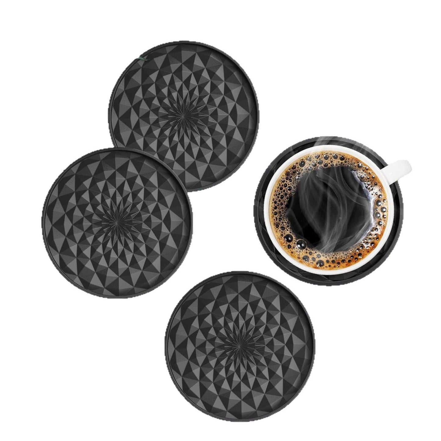 Black Geometric Silicone Drink Coasters Set (6 Pack) with Holder - Non - Slip Table Protectors - Factory Direct Shop