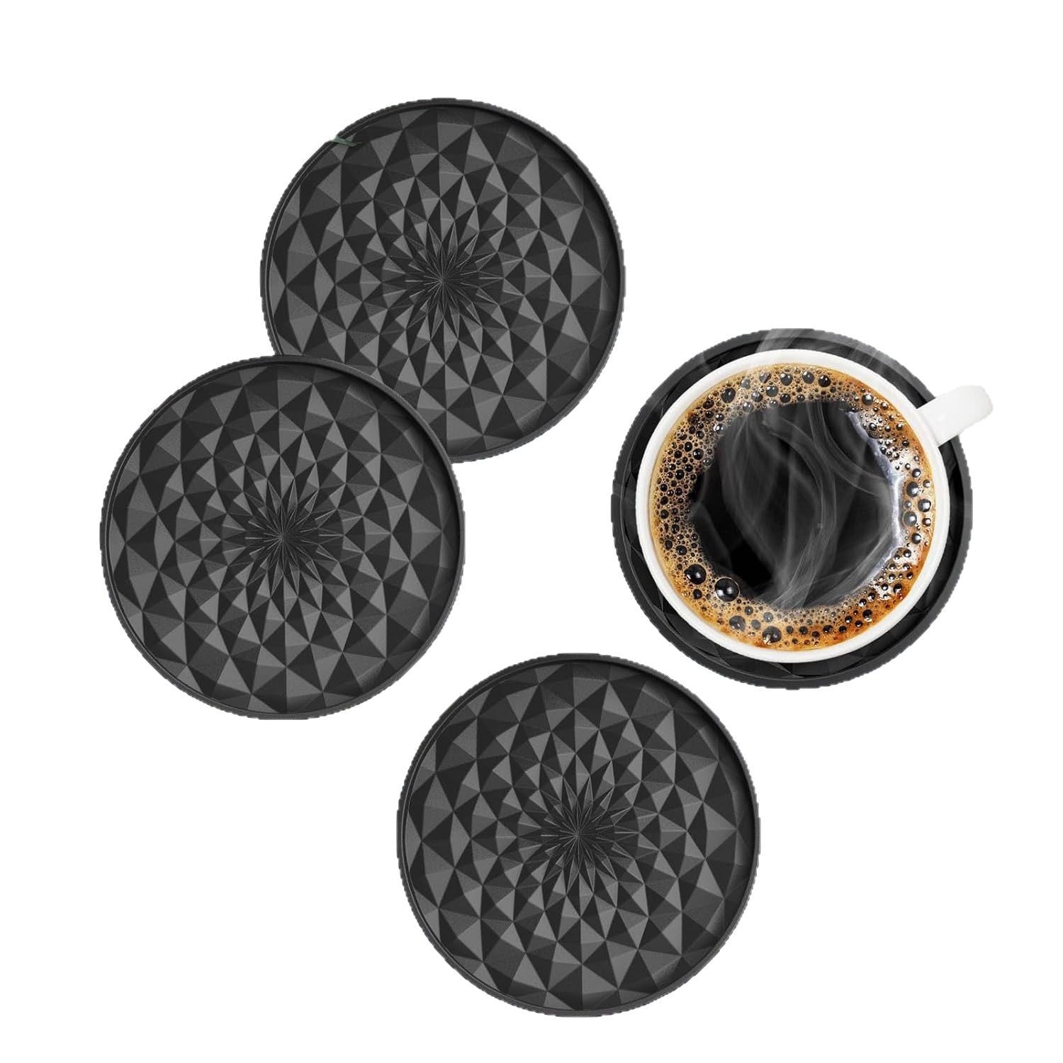 Black Geometric Silicone Drink Coasters Set (6 Pack) with Holder - Non - Slip Table Protectors - Factory Direct Shop