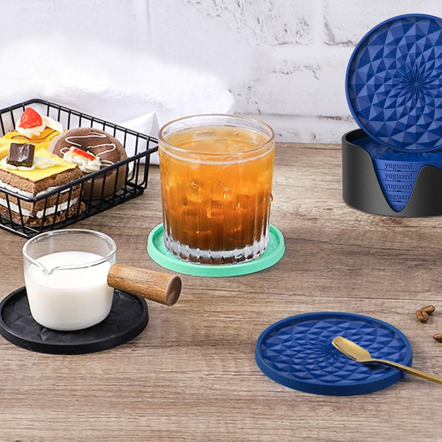 Black Geometric Silicone Drink Coasters Set (6 Pack) with Holder - Non - Slip Table Protectors - Factory Direct Shop