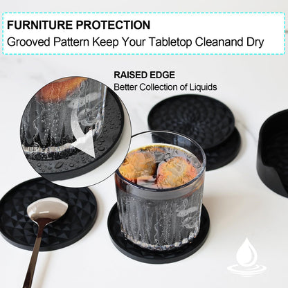 Black Geometric Silicone Drink Coasters Set (6 Pack) with Holder - Non - Slip Table Protectors - Factory Direct Shop
