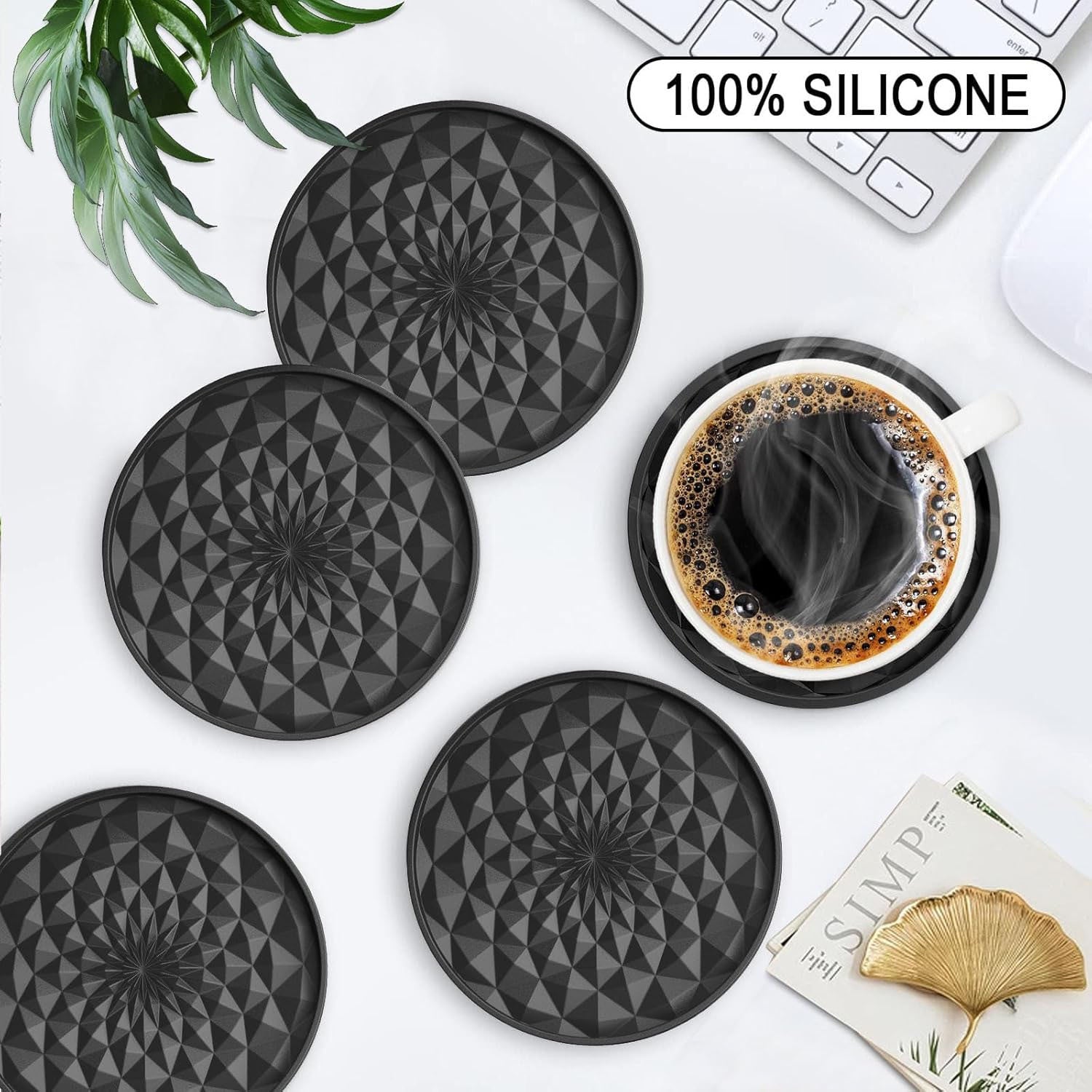 Black Geometric Silicone Drink Coasters Set (6 Pack) with Holder - Non - Slip Table Protectors - Factory Direct Shop