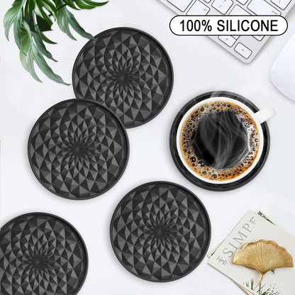 Black Geometric Silicone Drink Coasters Set (6 Pack) with Holder - Non - Slip Table Protectors - Factory Direct Shop