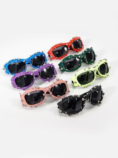 Green Edgy Punk Rock Spiked Sunglasses - Statement Goth Studded Eyewear