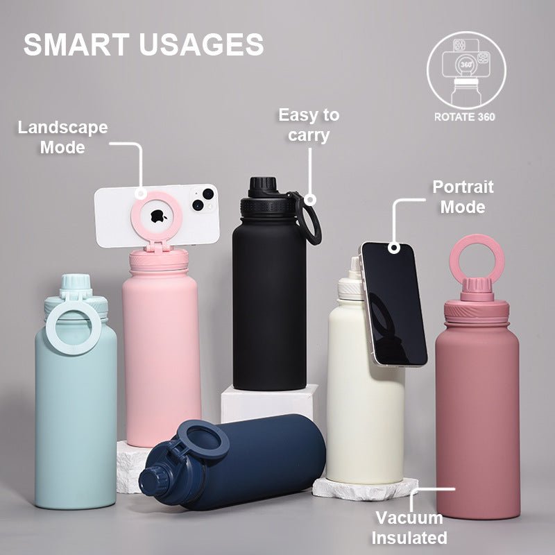 Purple 1L Stainless Steel Water Bottle with Magnetic Phone Holder Lid - Portable Hydration & Hands - Free Stand - Factory Direct Shop