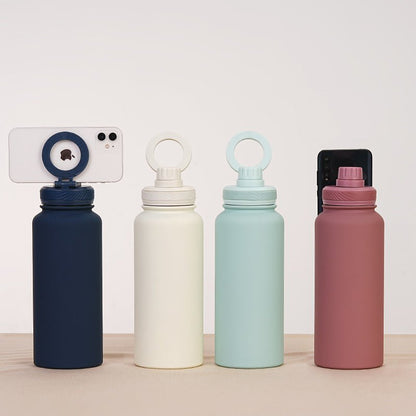 Purple 1L Stainless Steel Water Bottle with Magnetic Phone Holder Lid - Portable Hydration & Hands - Free Stand - Factory Direct Shop