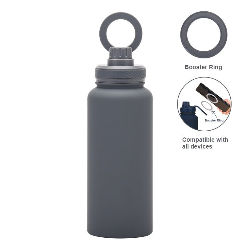 Grey 1L Stainless Steel Water Bottle with Magnetic Phone Holder Lid - Portable Hydration & Hands - Free Stand - Factory Direct Shop
